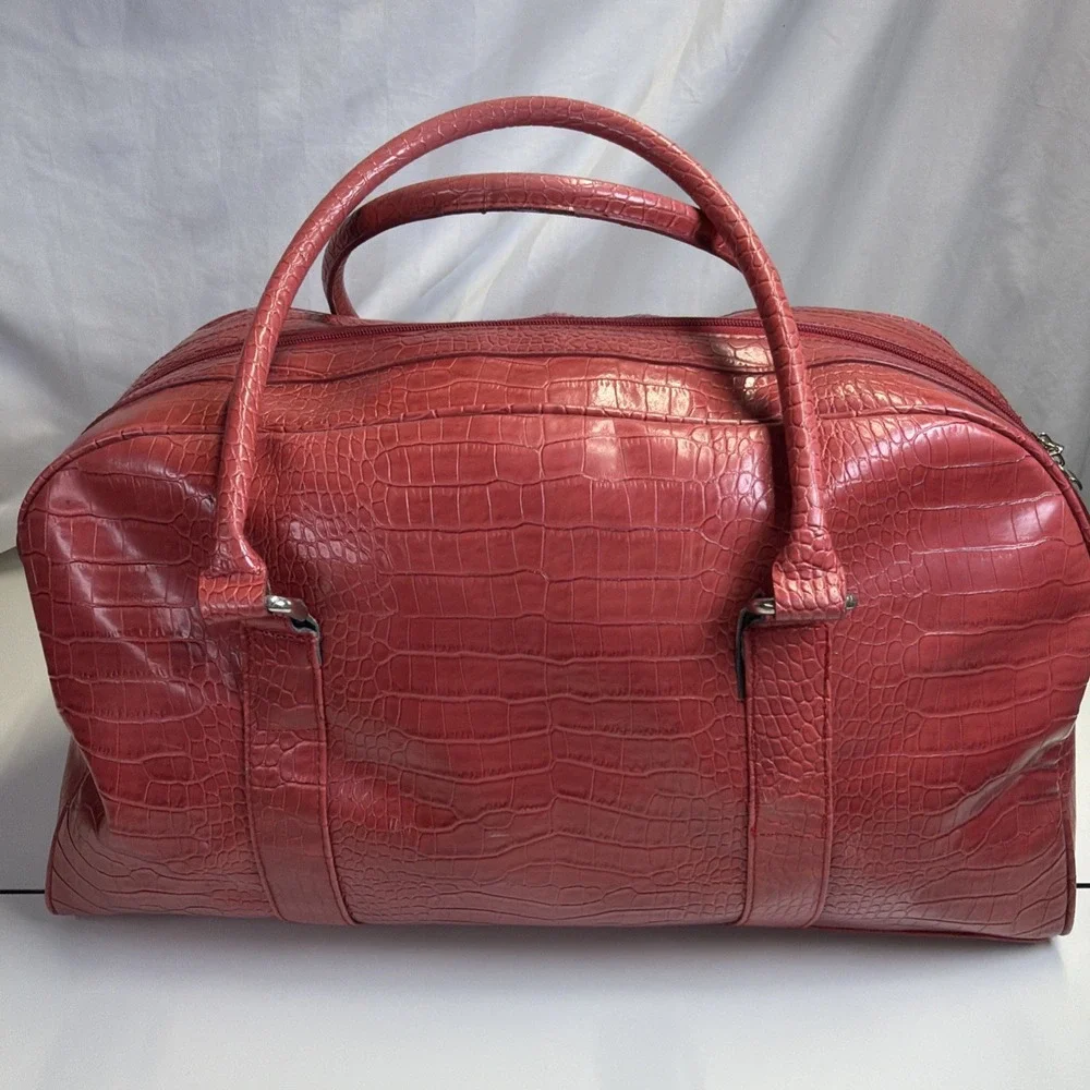 Vintage 90s Bath & Body Works Red Faux Alligator Leather Tote Travel Bag Y2K